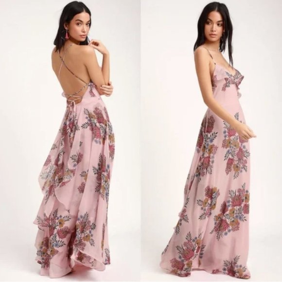 Lulus Dresses & Skirts - Lulus Roma Blush Floral Print Lace-Up Maxi Dress M